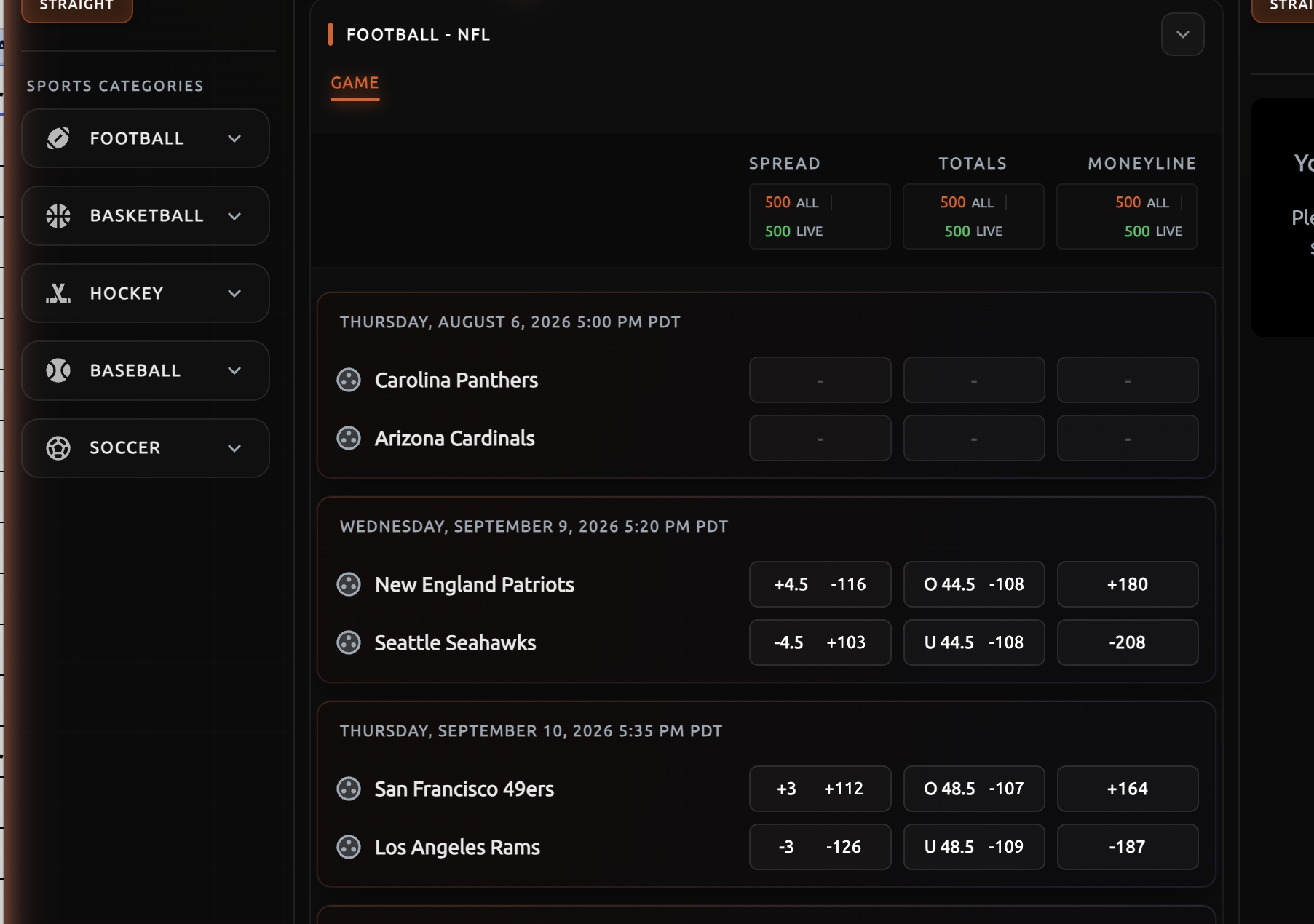 ValueBet NFL odds board showing 2026 Week 1 spreads, totals and moneylines for Patriots-Seahawks, 49ers-Rams and Falcons-Steelers