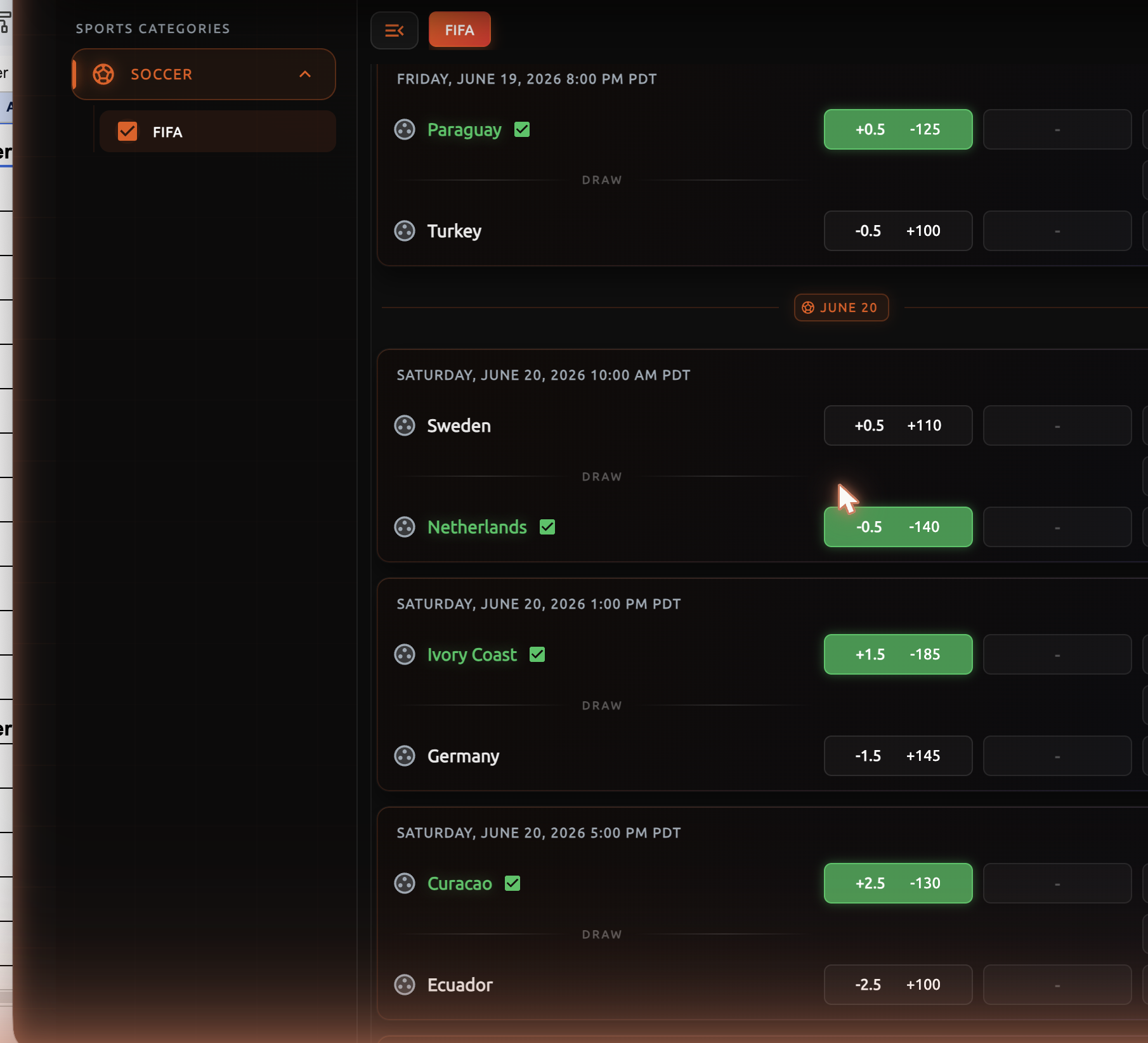 ValueBet odds board for World Cup games showing spreads and prices for Paraguay, Turkey, Sweden, Netherlands, Ivory Coast, Germany and Curacao